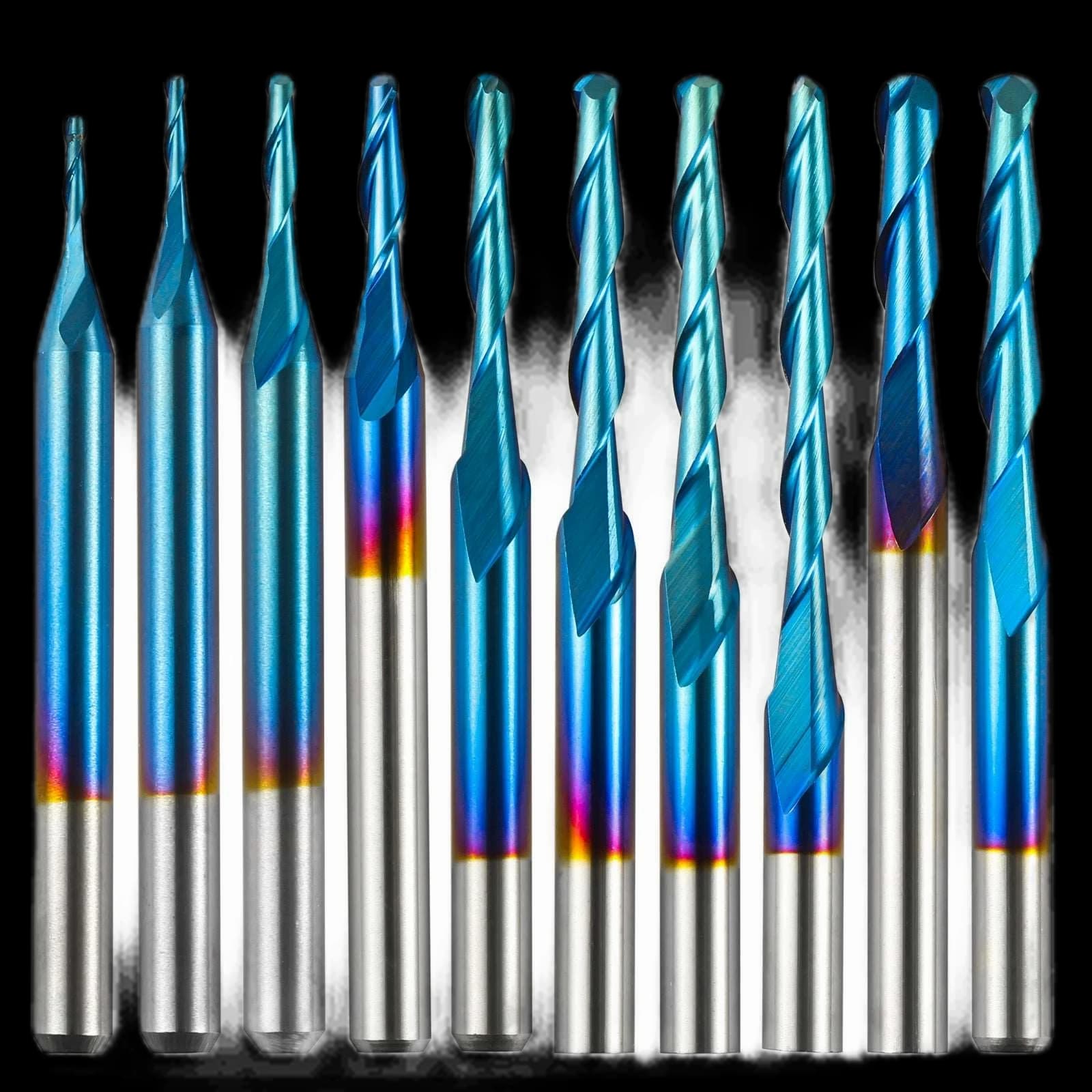 BN10A, 1/8'' Shank, 2-Flute, Ball Nose, Spiral End Mill Router Bit, 0.8-2.5mm Cutting Diameter, 10 Pcs